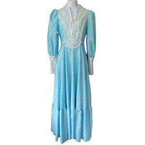 Vintage 1970s Boho Prairie Maxi Dress Blue Floral Print Long Puff Sleeve Lace XS